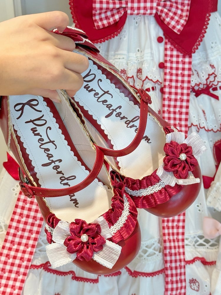 Low-heel Candy Red Mary Janes in PU - Sakura Details, Bow Decor & Flower Clasp