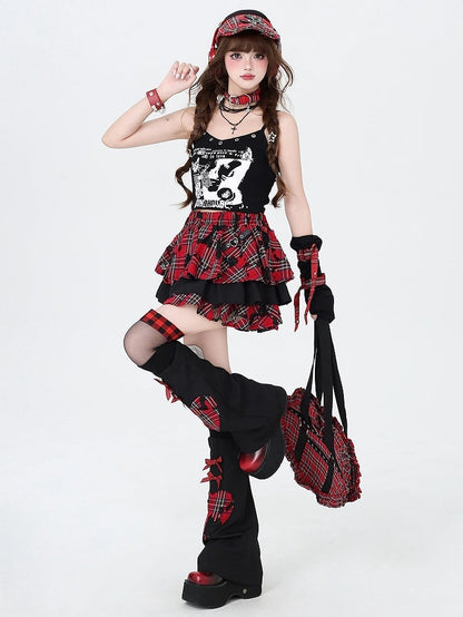 Punk Rock Chain Decorated Red and Black Plaid Tiered Skirt with Free Leg Sleeves