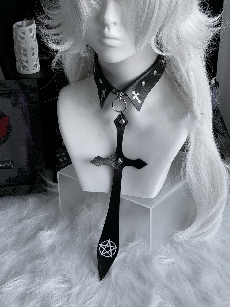 Punk Black/Red Pentacle Cross Charm Studded Necktie