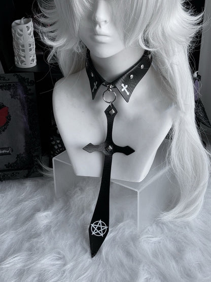 Punk Black/Red Pentacle Cross Charm Studded Necktie