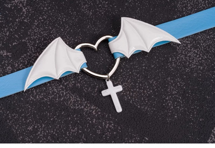 Cross Pendant Blue and White Handmade Bat Wings PU Choker