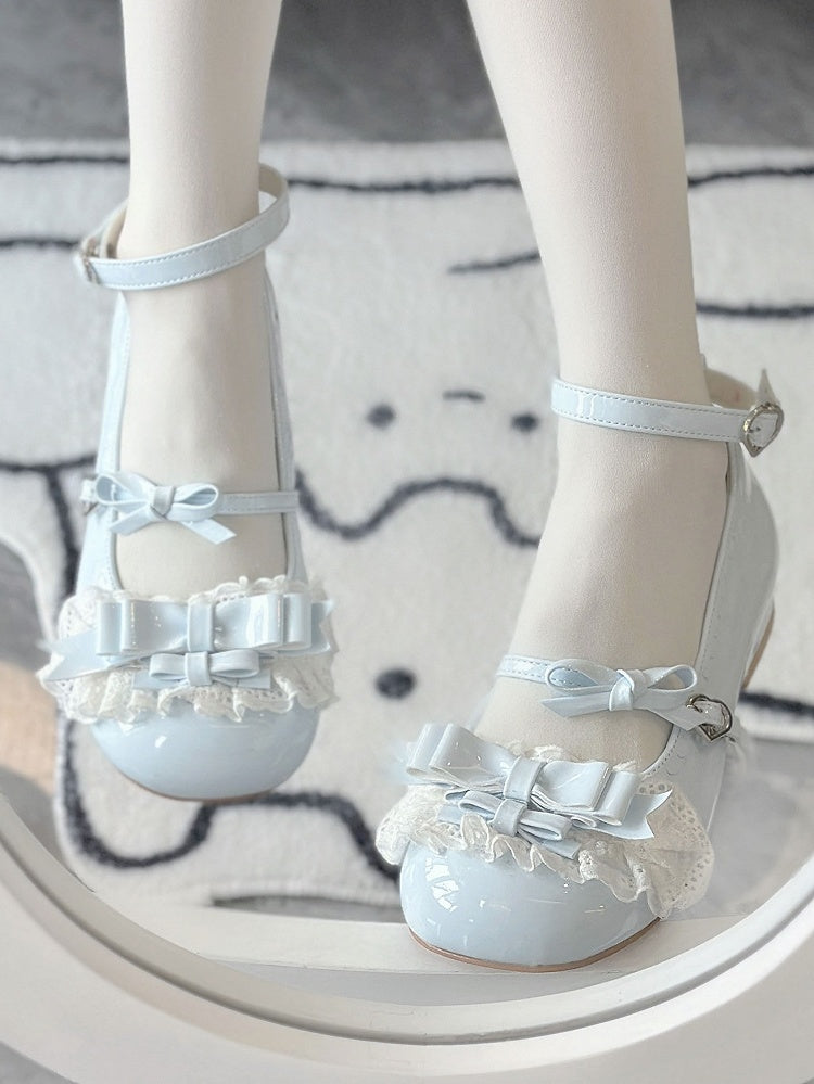 Ruffled Lace Trim, Bow Accents & Romantic Clasp PU Blue Low-heel Shoes in Sweet Lolita