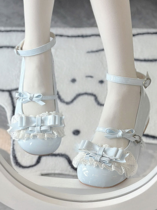 Ruffled Lace Trim, Bow Accents & Romantic Clasp PU Blue Low-heel Shoes in Sweet Lolita