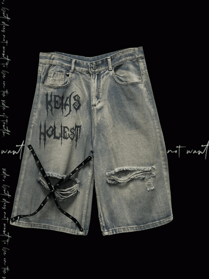 Y2K Blue Criss-cross Straps Design Distressed Holes Punk Jeans
