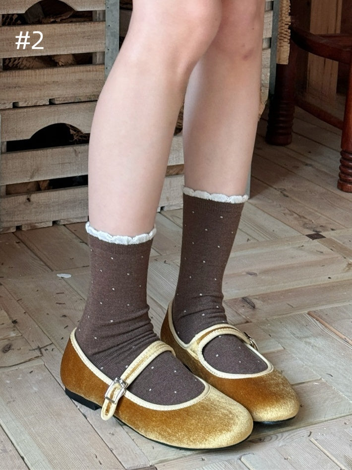 7 Options Polka-dot Pattern Ruffled Cuff Calf Socks