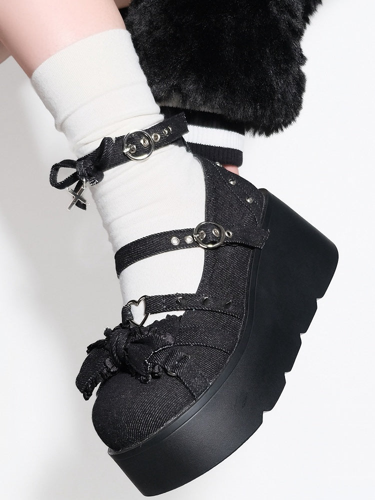 Spike Studs Bow Accents Black Cross Gothic Platforms Punk Shoes