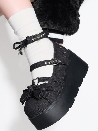 Spike Studs Bow Accents Black Cross Gothic Platforms Punk Shoes