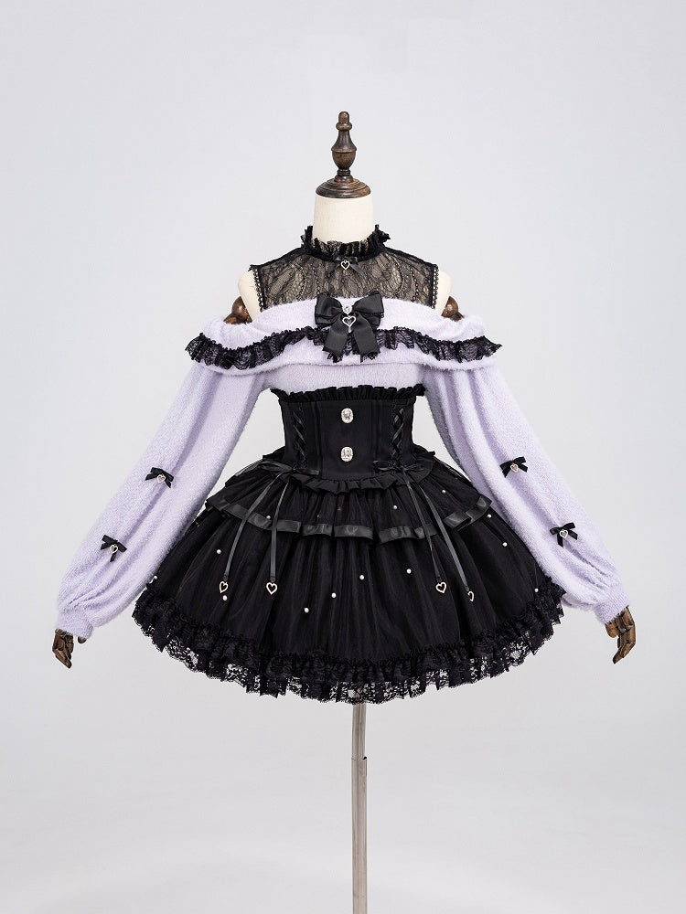 Allover Bead Black High Waist Jirai Kei Skirt with Lace Up and Shirring Waist