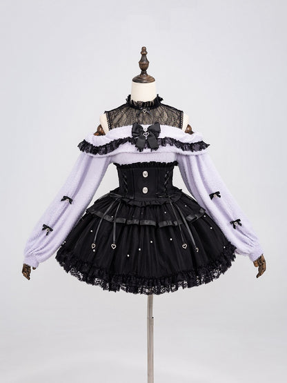 Allover Bead Black High Waist Jirai Kei Skirt with Lace Up and Shirring Waist