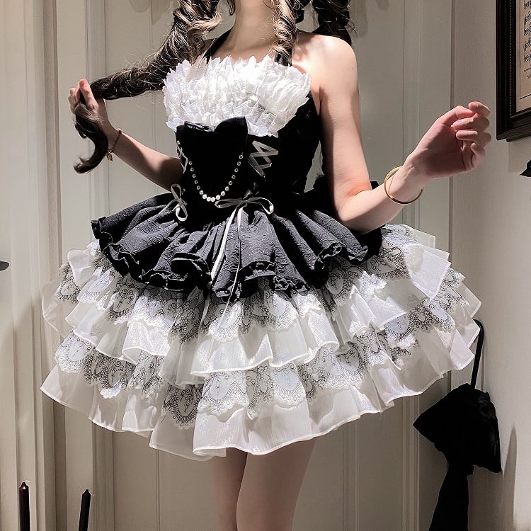 Black and White Balletcore Princess Lolita Halter Neck Dress