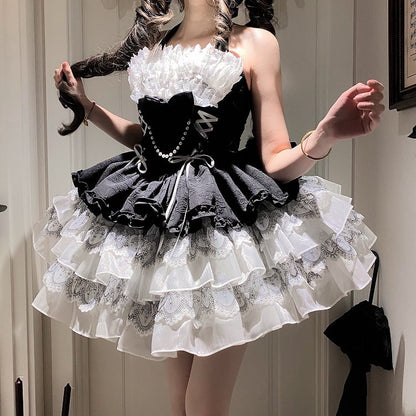 Black and White Balletcore Princess Lolita Halter Neck Dress
