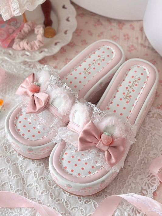 Pink Sweet Lolita Bow Accents Lace Trim Plush Bunny Ear Platform Slippers