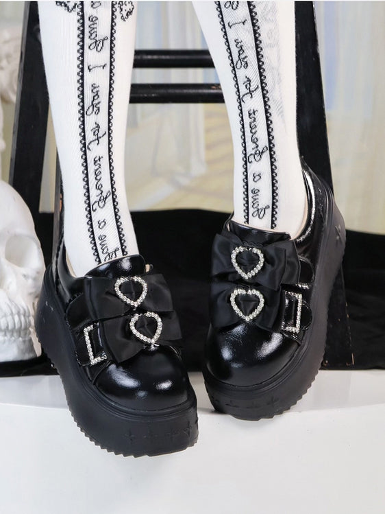 Black Jirai Kei Slip-on Platforms with Rhinestone Heart Decor & Bow Accents in Thicken/Regular Version