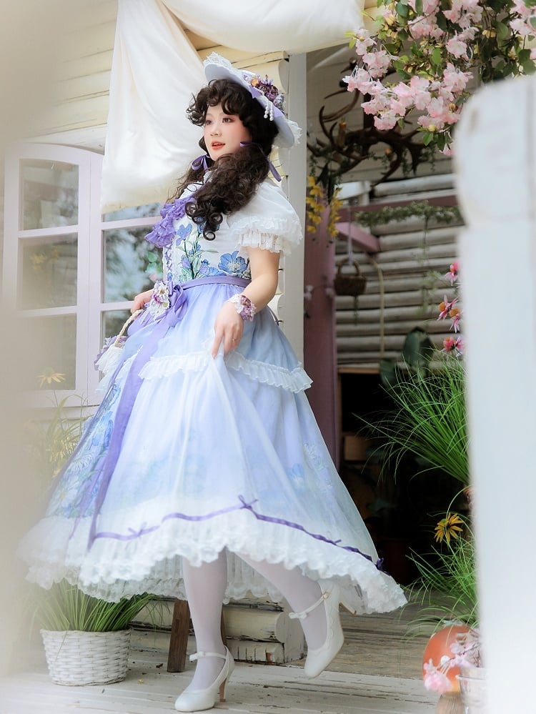 Plus Sizes Available Floral Print Under Bust Elegant Classic Lolita Jumper Skirt