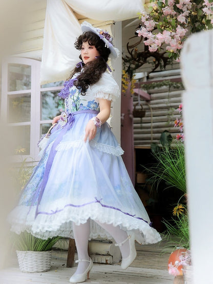 Plus Sizes Available Floral Print Under Bust Elegant Classic Lolita Jumper Skirt