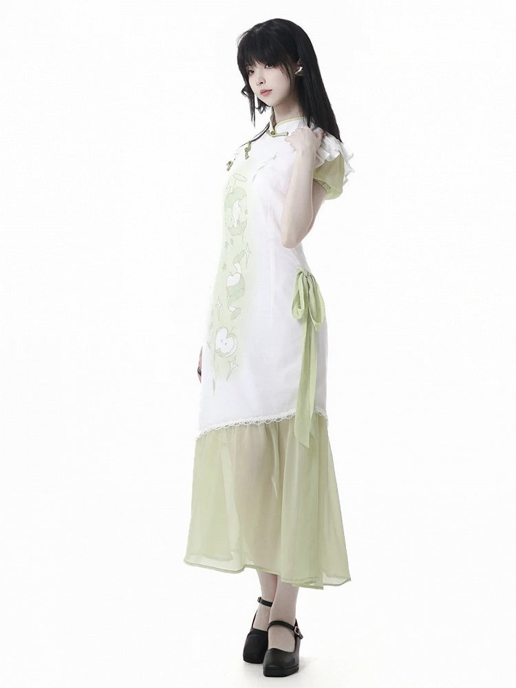 Green Apple Print Cheongsam Style Banded Collar Knot Buttons Qipao Dress