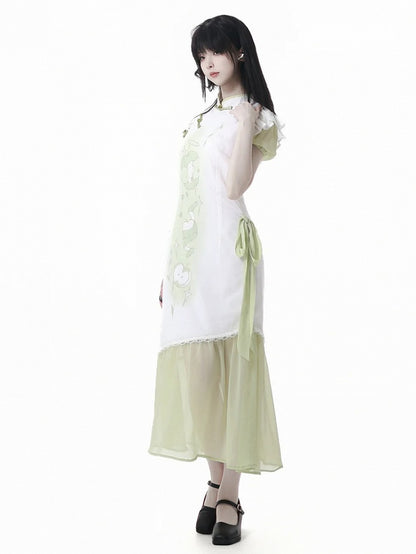 Green Apple Print Cheongsam Style Banded Collar Knot Buttons Qipao Dress