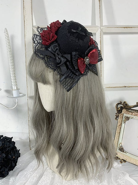 Gothic Elegant Floral Design Bowknots Mini Hat Black/Black and Red