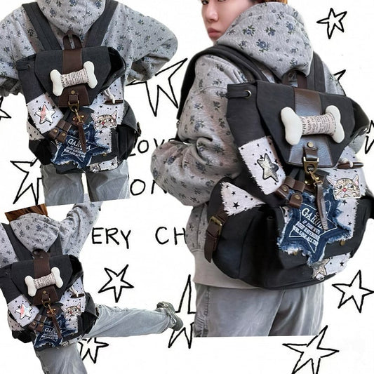 Black and white Washed Canvas Drawstring Backpack with Distressed Star Patches