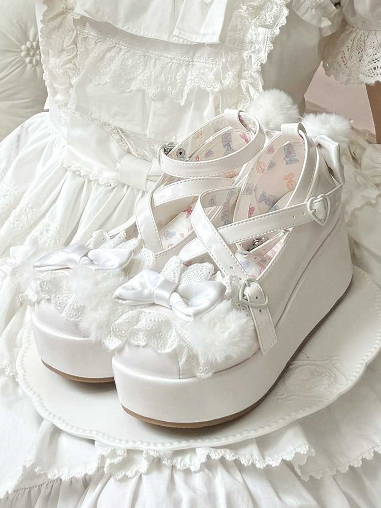 White Crisscross Design Plush Bunny Ear Decorated Bow at Top Platforms With Pompon