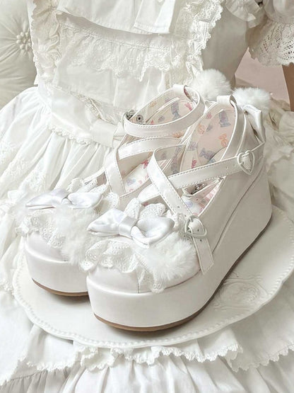 White Crisscross Design Plush Bunny Ear Decorated Bow at Top Platforms With Pompon