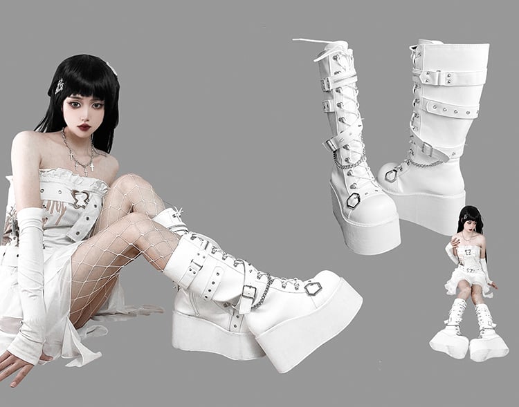 Studs Chains Metal Punk Matte White Platform Boots