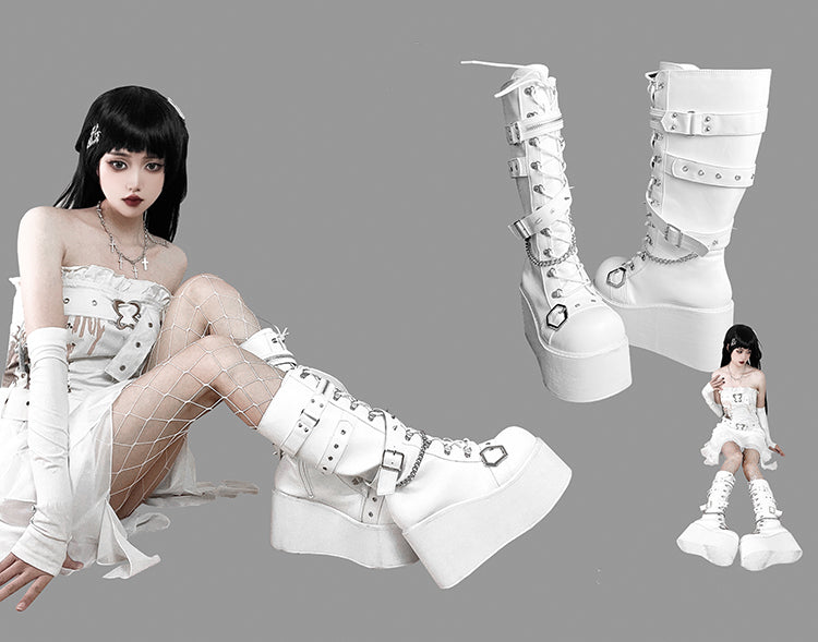 Studs Chains Metal Punk Matte White Platform Boots