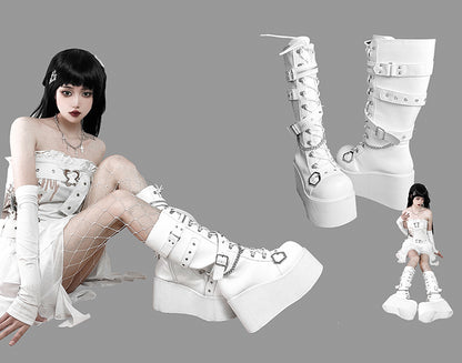 Studs Chains Metal Punk Matte White Platform Boots