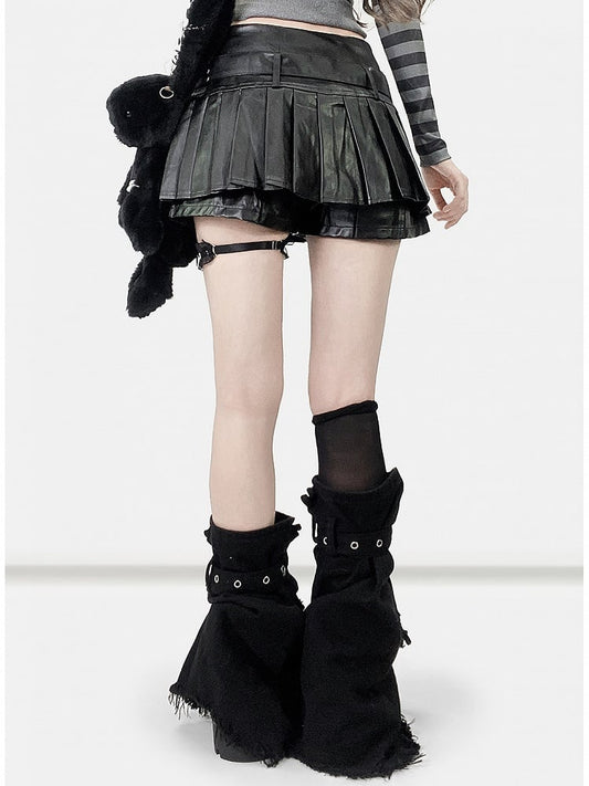 Black Cross Applique Raw Hem Buckle Decorated Leg Warmers