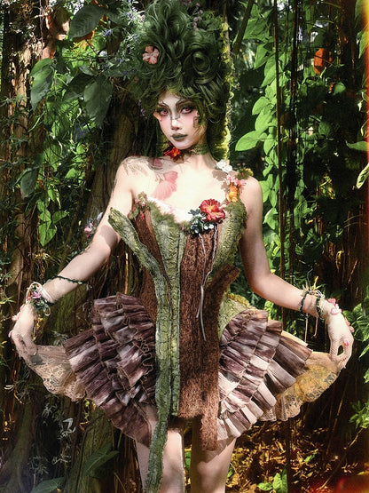 Brown and Green Asymmetrical Design Forest Fairy Goth Branch Corset