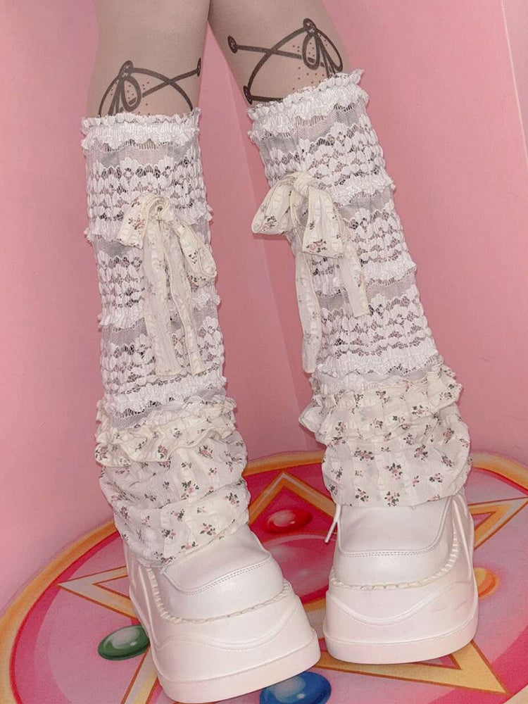 White Y2K Bowknot Details Floral Pattern Ruffles Trim Leg Sleeves