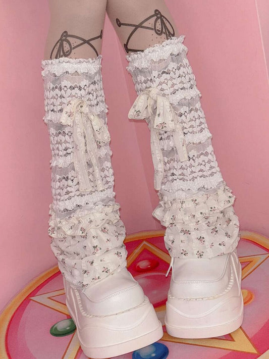 White Y2K Bowknot Details Floral Pattern Ruffles Trim Leg Sleeves