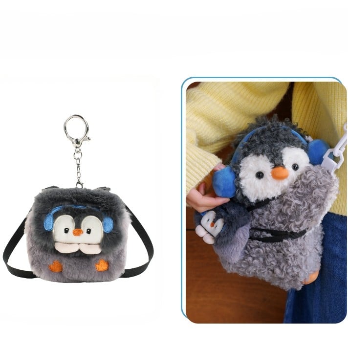 Gray Cute Penguin Plush Backpack/Crossbody Bag + Keychain