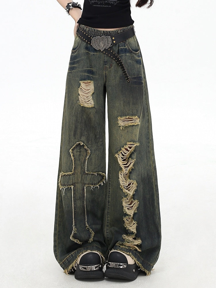 Vintage Blue Y2K Cross Applique Distressed Holes Details Wide-leg Cut Jeans