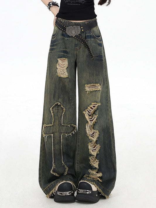 Vintage Blue Y2K Cross Applique Distressed Holes Details Wide-leg Cut Jeans