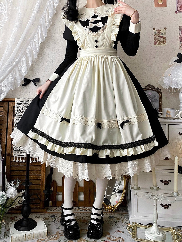 Black and Beige Juliette Sleeves Lolita Dress + Maid Apron Set