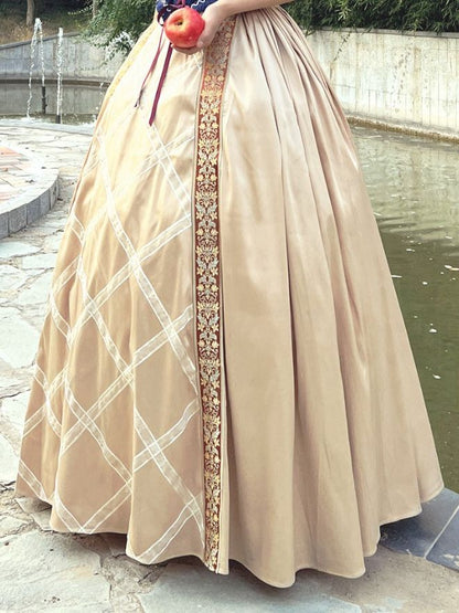 Snow White Full Set- Blue Boned Corset + Golden Skirt + Lace Collar + Red Bow Hairclip