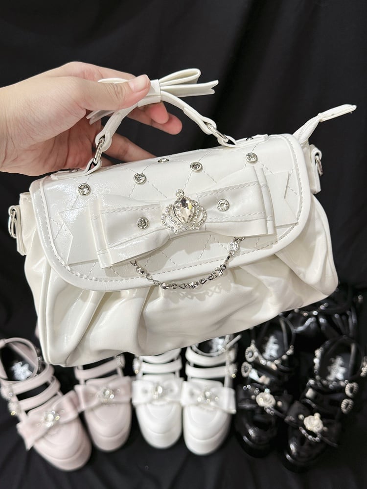 Detachable Rhinestone Strap & Crown-Embellished Bow Accent White Hand/Crossbody Bag in Jirai Kei