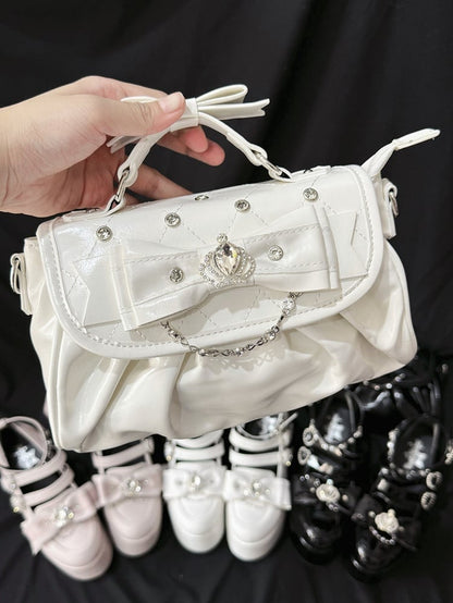 Detachable Rhinestone Strap & Crown-Embellished Bow Accent White Hand/Crossbody Bag in Jirai Kei