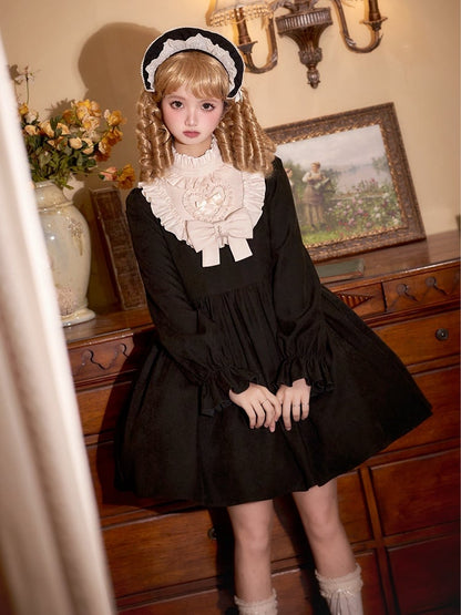 Clearance-Size S for Bust 88CM Beige Ruffle Neckline Black High Waist Long Balloon Sleeves Lolita Dress Short Version