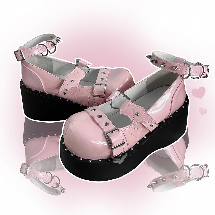 Devil Wing Design Pink Stud Detail Buckle Ankle Strap Platform Mary Janes