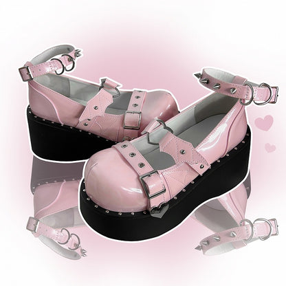 Devil Wing Design Pink Stud Detail Buckle Ankle Strap Platform Mary Janes