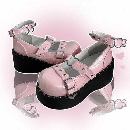 Devil Wing Design Pink Stud Detail Buckle Ankle Strap Platform Mary Janes