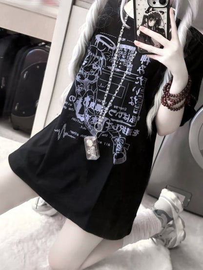 Jirai Kei Black/White Round Neck Cyberpunk Angel Print Cotton T-Shirt