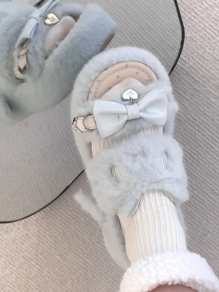 Light Blue Jirai Kei Plush Slippers: Embroidered Cat Design with Platform Sole & Top Bow