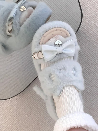 Light Blue Jirai Kei Plush Slippers: Embroidered Cat Design with Platform Sole & Top Bow