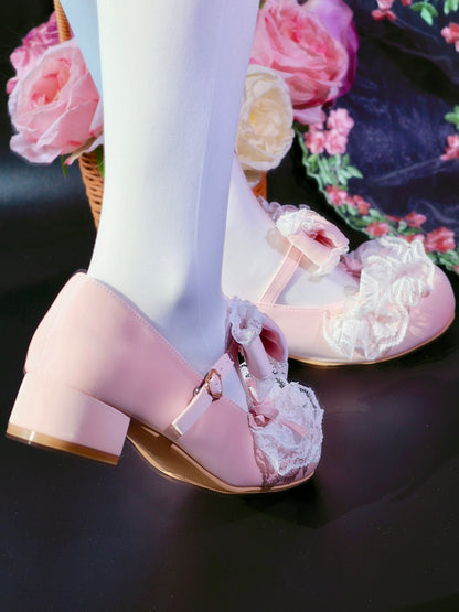Pink Bowknot Details Lace Trim Round Toe Lolita Shoes