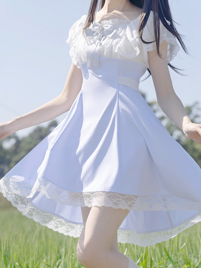 Jirai Kei Light Blue High Waist Lace Trim Dress with Chains Decorated Bowtie