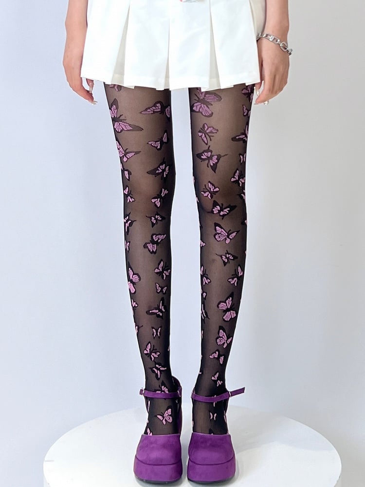 Black Y2K Butterfly Embroidered Tights