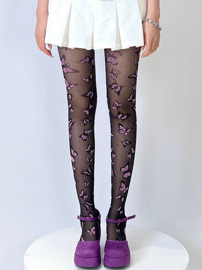 Black Y2K Butterfly Embroidered Tights